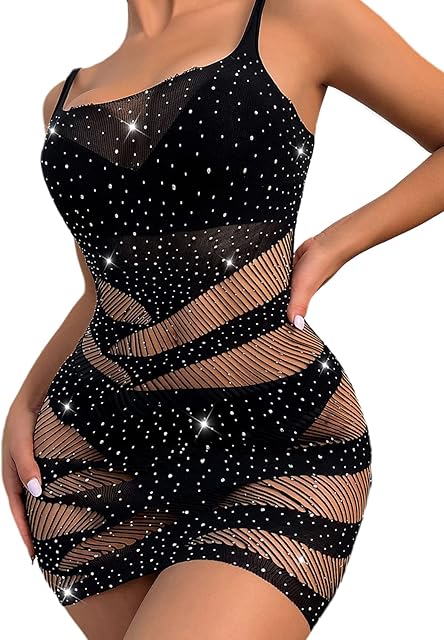 Women Sexy Lingerie Crystal Rhinestone Jumpsuits Tight Hollow-Out Chemise Mini-Dress Sleeveless