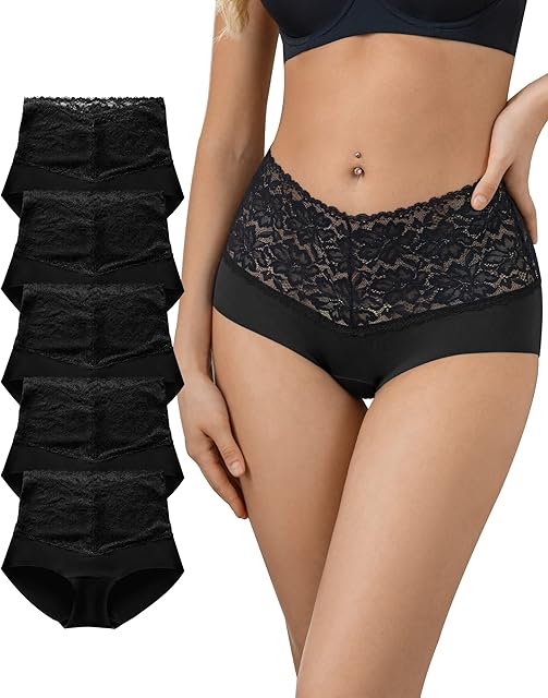 High Waist Lace Underwear for Women Seamless Sexy Panties Ladies Stretch Full Coverage Briefs Pack