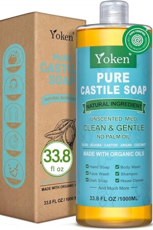 Yoken EWG Verified Castile Soap Liquid Unscented 33.8 fl oz Pure Castile Liquid Soap Made With Organic Oil, Clean & Gentle, Natural Castor Oil Soap for Body Wash, Hand, Dishes, Laundry, No Fragrance