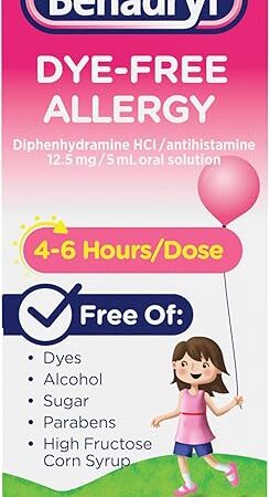 Children's Benadryl Dye-Free Allergy Relief Liquid + 125 mg Diphenhydramine HCl, Antihistamine Allergy Medicine for Kids Helps Relieve Runny Nose & Sneezing, Bubble Gum Flavor, 4 fl oz