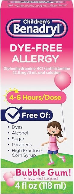 Children's Benadryl Dye-Free Allergy Relief Liquid + 125 mg Diphenhydramine HCl, Antihistamine Allergy Medicine for Kids Helps Relieve Runny Nose & Sneezing, Bubble Gum Flavor, 4 fl oz
