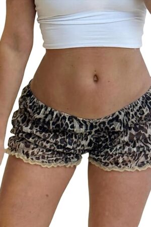 Women Sexy Leopard Bloomer Shorts Low Rise Pj Mini Shorts Frilly Lace Trim Y2K Coquette Aesthetic Bloomers