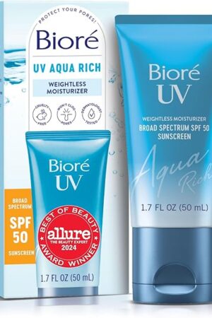 Bior? UV Aqua Rich Daily Hydrating Facial Moisturizer with SPF 50 | Oil Free Sunscreen & Primer for Makeup with Hyaluronic Acid, No White Cast, Non-Comedogenic, For Sensitive Skin, PA++++, 17 Oz