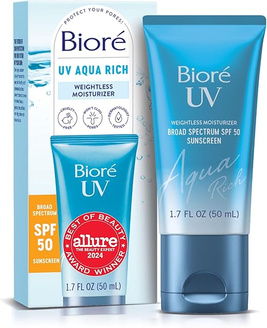 Bior? UV Aqua Rich Daily Hydrating Facial Moisturizer with SPF 50 | Oil Free Sunscreen & Primer for Makeup with Hyaluronic Acid, No White Cast, Non-Comedogenic, For Sensitive Skin, PA++++, 17 Oz