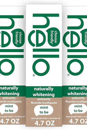 Hello Naturally Whitening Fluoride Toothpaste, Natural Whitening Toothpaste with Coconut Oil and Tea Tree Oil, Tames Bad Breath, Helps Moisturize, and Fights Cavities, Mint, 3 Pack, 47 Oz Tubes