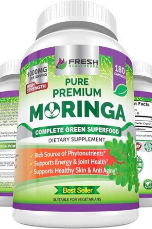 FRESH HEALTHCARE Moringa Oleifera 180 Capsules ? 100% Pure Leaf Powder - 3 Month Supply - Non GMO and Gluten Free - Complete Green Superfood Supplement - Energy, Metabolism and Immune Support