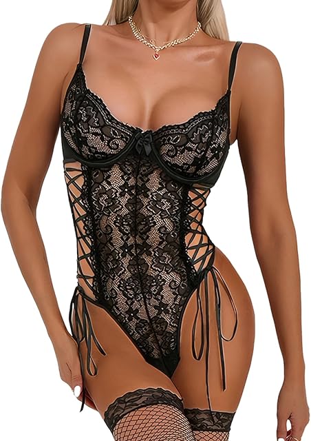 Women Sexy Lingerie Set Naughty One Piece Lace up Role Playing Wedding Night Teddy Lingerie Bodysuit Exotic Rave Outfit