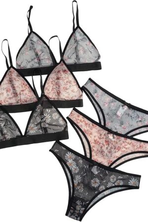 Women's 3 Pack Floral Print Mesh Lingerie Set Wireless Low Rise Sheer Matching Bra and Panty Set