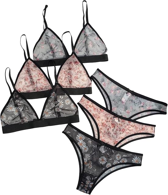 Women's 3 Pack Floral Print Mesh Lingerie Set Wireless Low Rise Sheer Matching Bra and Panty Set