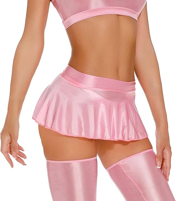 Women Oil Glossy Micro Mini Skirt Shiny Rave Skirt Sheer Smooth Pleated Skirt Club Dance Party