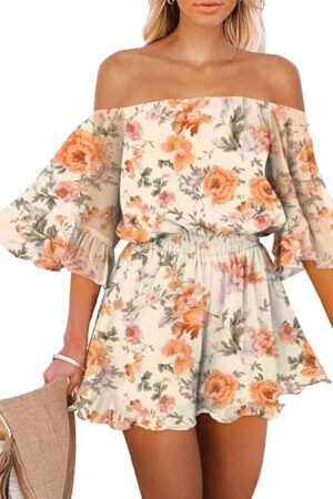 Women Boho Summer Romper Casual Floral Print Off Shoulder Strapless Shorts Jumpsuits