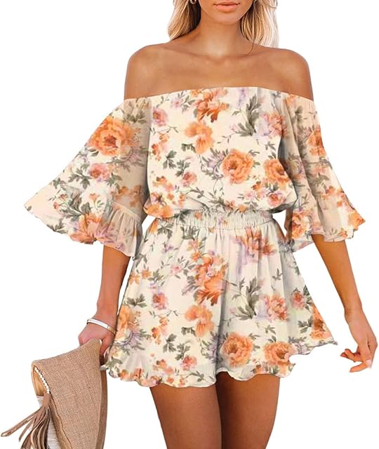 Women Boho Summer Romper Casual Floral Print Off Shoulder Strapless Shorts Jumpsuits