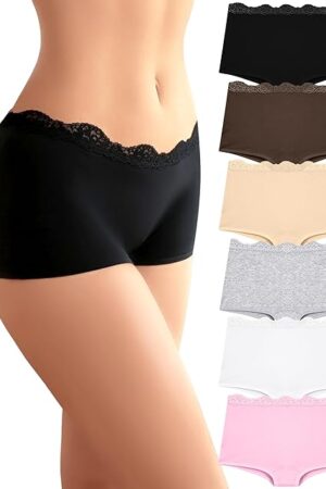 Boy Shorts Underwear for Women Cotton Boxer Briefs Full Covreage Lace Boyshort Womens Panties 6 Pack