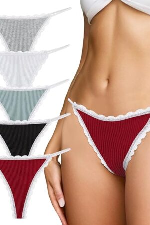 G String Thongs for Women Lace Trim T Back Underwear Low Waist Cotton Panties 5Pack