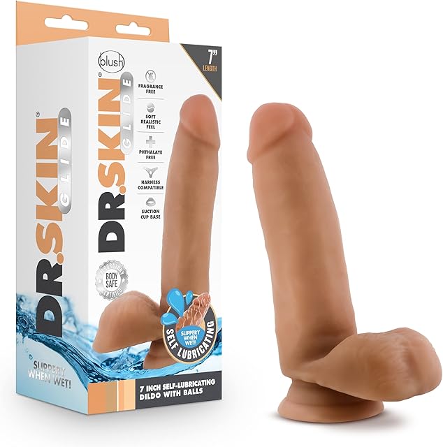 Blush Dr. Skin Glide 7" Self-Lubricating Dildo - Lifelike Skin Realistic Cock, Suction Cup, O-Ring Compatible Manhood Balls Vaginal Dildo, Body Safe TPE Adult Sex Toy for Women, Men, Couples - (Mocha)