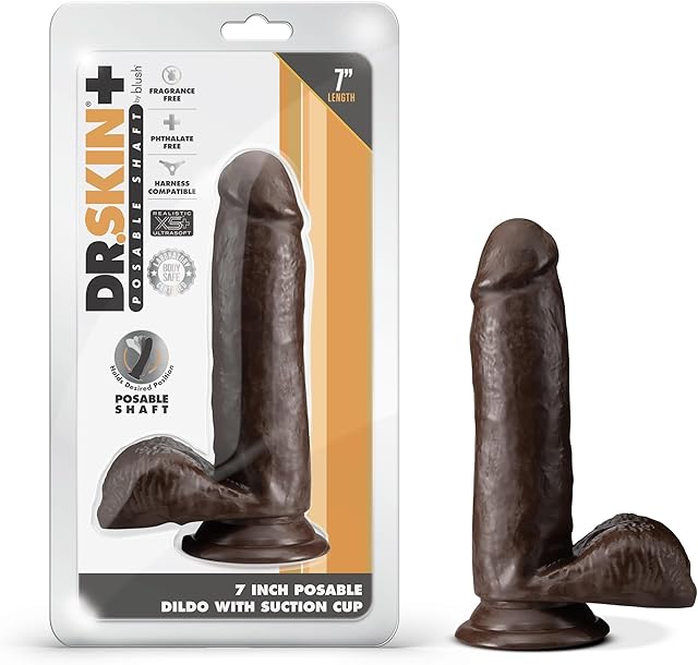 Blush Dr Skin Plus 7 Inch Soft Posable Dildo - Realistic Beginners Dildo with Suction Cup - O Ring Strap On Harness Compatible for Vaginal Anal Play - Adult Sex Toys for Women Men Couples - Chocolate