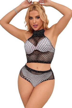 Women Fishnet Lingerie Sets Bodystockings Sparkling Rhinestone Hollow Out Sexy 2 Piece for Womens Summer Club