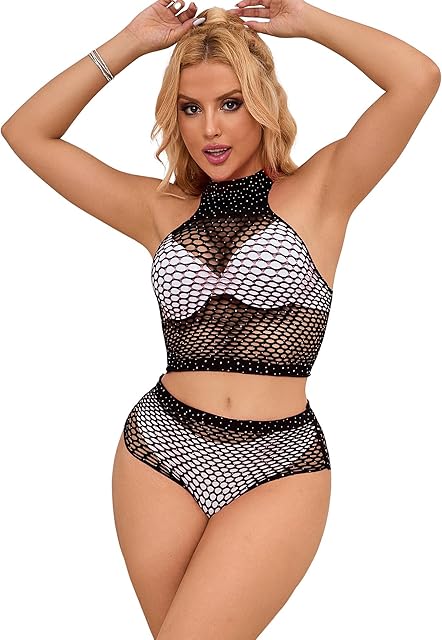 Women Fishnet Lingerie Sets Bodystockings Sparkling Rhinestone Hollow Out Sexy 2 Piece for Womens Summer Club