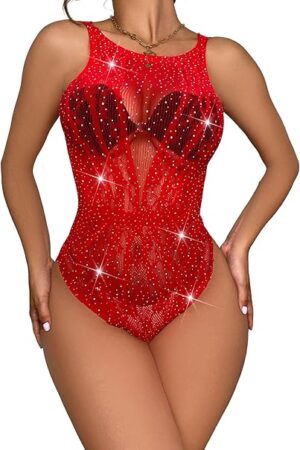 Women's Sexy Mesh Bodysuit Sparkly Rhinestone Sheer Fishnet Lingerie Sleeveless Rave Teddy Leotard Top