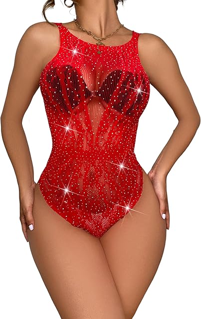 Women's Sexy Mesh Bodysuit Sparkly Rhinestone Sheer Fishnet Lingerie Sleeveless Rave Teddy Leotard Top