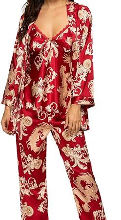 Women's Silk Satin Pajamas Set 3 Pcs Floral Silky Pj Sets Sleepwear Cami Nightwear with Robe and Pant