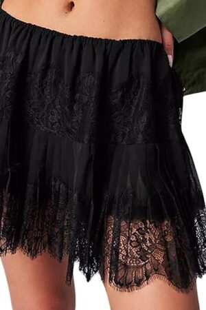 Y2k Lace Mini Skirt Women Low Rise Pleated Ruffle Tiered Half Slip Elastic Waist Flowy Mesh Sexy Short Underskirt