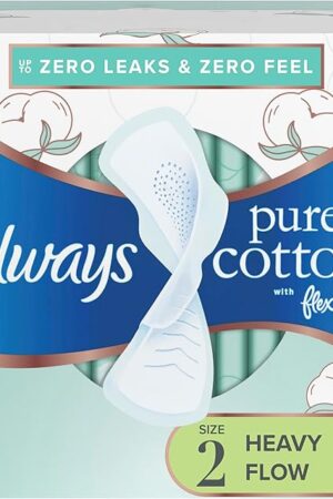 Always Pure Cotton Feminine Pads for Women, FlexFoam Pads with Wings, Size 2, Heavy Absorbency, Unscented, 72 Count (3 Packs of 24)