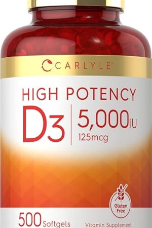 Carlyle Vitamin D3 5000 IU Softgels | 500 Count | Value Size | Non-GMO and Gluten Free Supplement | High Potency Formula | 125mcg