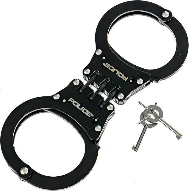 Handcuffs ? Heavy Duty Police Grade Professional Steel Hand Cuffs, Hinged Double Lock Metal Black Finish for Security & Personal Safety