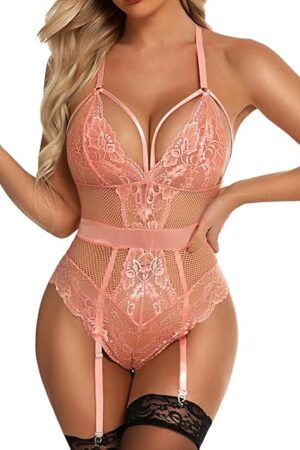 Women Lingerie Sets with Garter Belt Sexy Garter Lingerie Lace Bodysuit One Piece Exotic Teddy (No Stockings)