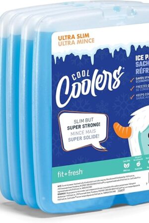 Cool Coolers by Fit + Fresh, 4 Pack Slim Ice Packs, Space Saving Reusable Ice Packs for Lunch Boxes or Coolers, Blue, Single Pack