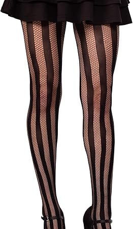 Womens Kyra Striped Net Vertical Striped Tights for Women Sexy Fishnet Tights for Women with Designs, Black, One Size