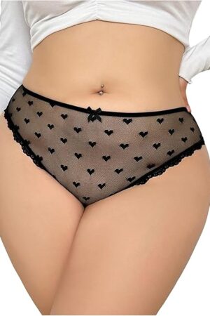 Women's Plus Size Heart Print Sheer Panties Cut Out Mid Rise Lace Briefs Underwear