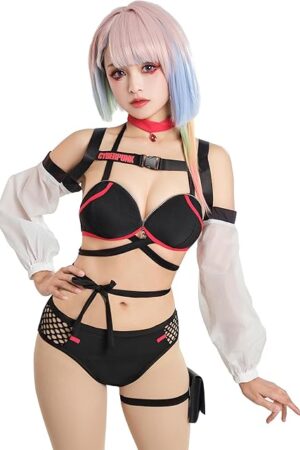 Women Lucy Cosplay Bikini Set with Choker Arm Sleeves Goth Swimsuit Rave Swimwear Gothic Bathing Suit