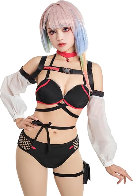 Women Lucy Cosplay Bikini Set with Choker Arm Sleeves Goth Swimsuit Rave Swimwear Gothic Bathing Suit