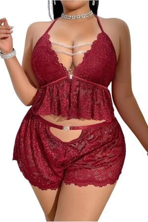 Women's Plus Size 2 Piece Sexy Lace Pajama Sets Chain Ruffle Crop Top and Shorts Sleepwear