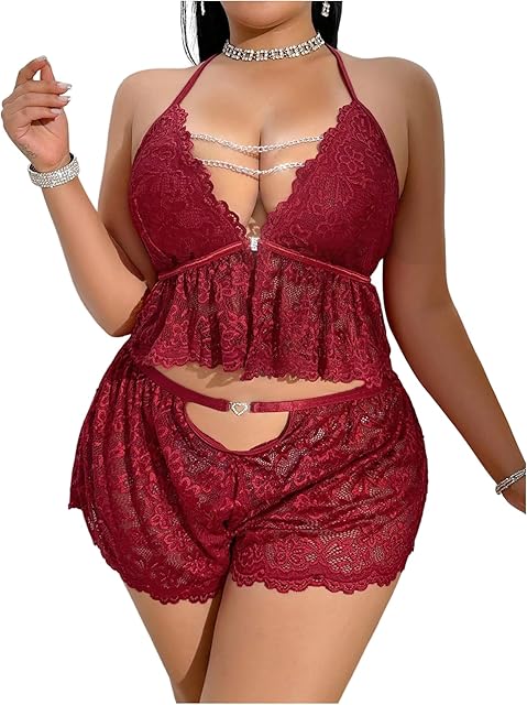 Women's Plus Size 2 Piece Sexy Lace Pajama Sets Chain Ruffle Crop Top and Shorts Sleepwear