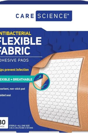 Care Science Fabric Adhesive Pad Bandages, 3x4 inches Extra Large Flexible Non-Stick Strip, Helps Prevent Infection, Breathable Protection, for First Aid & Wound Care, 30 Count