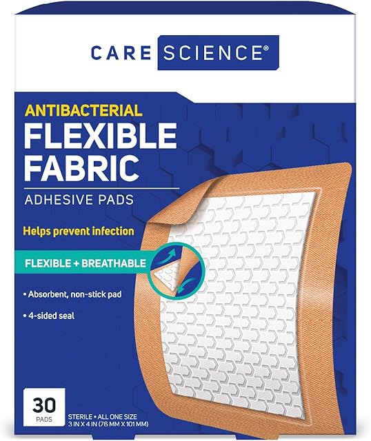 Care Science Fabric Adhesive Pad Bandages, 3x4 inches Extra Large Flexible Non-Stick Strip, Helps Prevent Infection, Breathable Protection, for First Aid & Wound Care, 30 Count