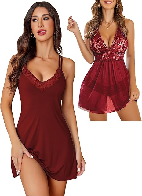 Chemise Sleepwear Lingerie for Women Sexy Nightwear Lace Babydoll Nightie Modal Nightgowns Wine Red XXL