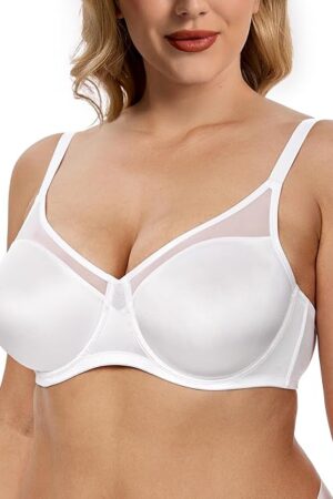 Women's Full Coverage Bras Plus Size Underwire Sheer Mesh Bra Smooth Splicing Lace Plunge Support