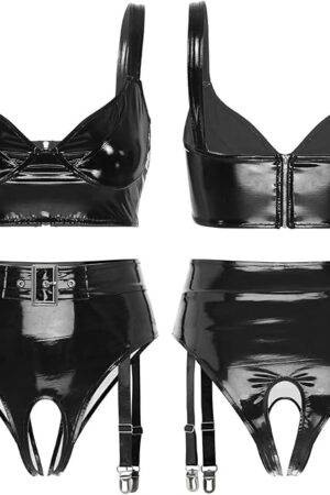 Womens Wet Look Patent Leather Lingerie Set Halter Backless Front Zipper Vest with Miniskirt