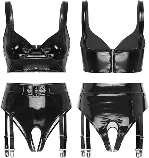 Womens Wet Look Patent Leather Lingerie Set Halter Backless Front Zipper Vest with Miniskirt
