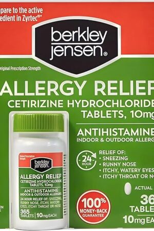 berkley jensen 24 Hour Allergy Relief (365-Count), 10 mg Cetirizine Hydrochloride Antihistamine - Fast Allergy Medicine for Indoor & Outdoor Allergies, Easy-Swallow Tablets, Compare to Zyrtec