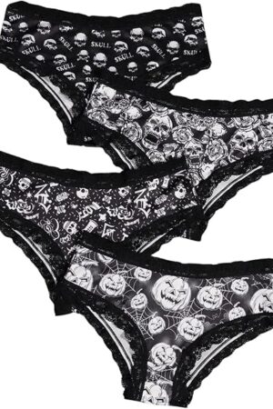 Women's 4 Pieces Gothic Lace Hipster Panties Set Low Rise Halloween Skull Underwear