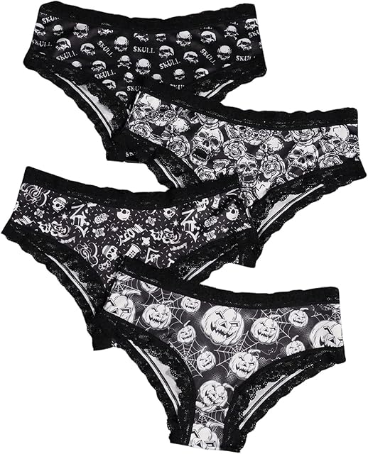 Women's 4 Pieces Gothic Lace Hipster Panties Set Low Rise Halloween Skull Underwear