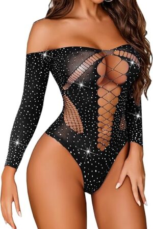 Womens Rhinestone Bodysuit Sparkle Fishnet Lingerie Sexy Outfit Mesh bodysuit Teddy lingerie