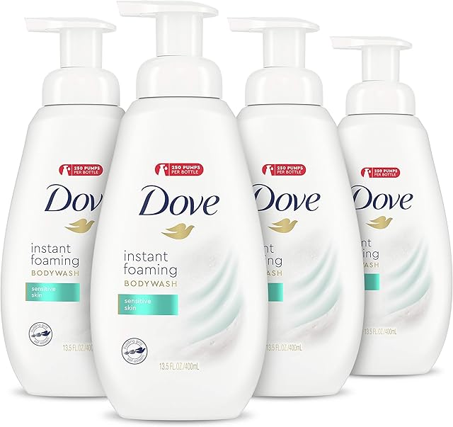 Dove Instant Foaming Body Wash 4 Count for Softer and Smoother Skin Sensitive Skin Effectively Washes Away Bacteria While Nourishing Your Skin 135 oz