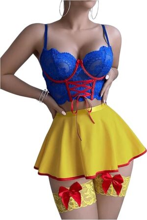 Women's 5 Piece Floral Lace Lingerie Set Bow Lace Up Underwire Bra Mini Skirt Thong with Stockings