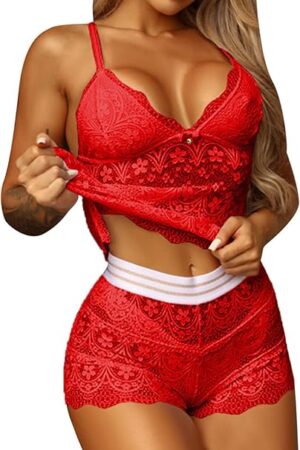 Womens Sexy Pajamas Lingerie Set,Lace Ribbed Cami Shorts Pj Set Cute 2PC Lounge Sleepwear,Valentines Gifts for Her